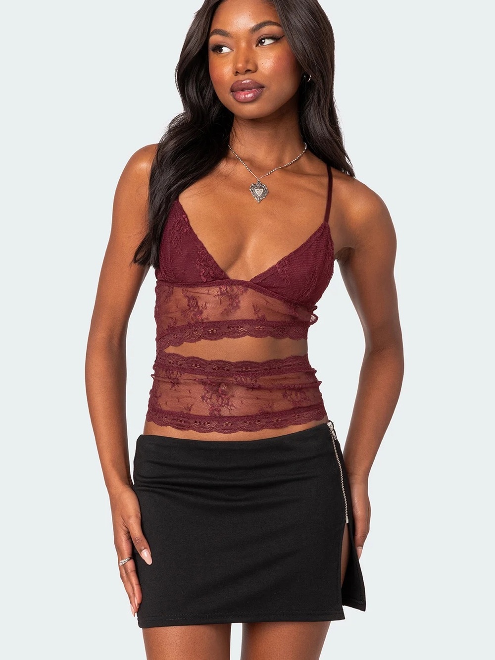 Edikted Burgundy Cut Out Sheer Lace Tank Top